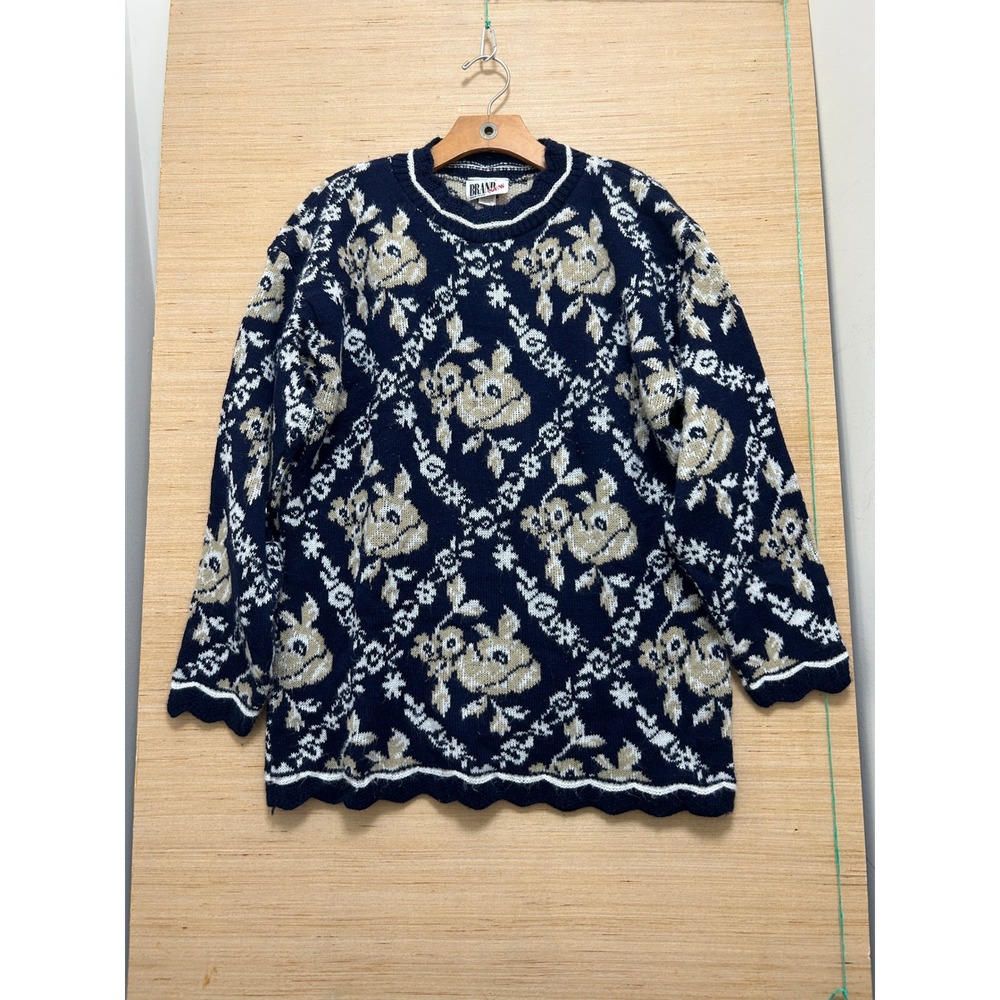 VTG Women's Large Navy Tan Floral‎ Pattern Long Sleeve Knit Sweater Made in USA